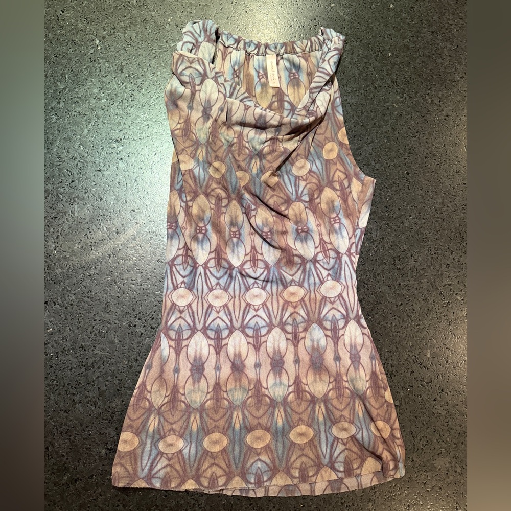 Sweet Pea Sleeveless Mesh Cowl-Neck Top in Mauve, Blue & Cream